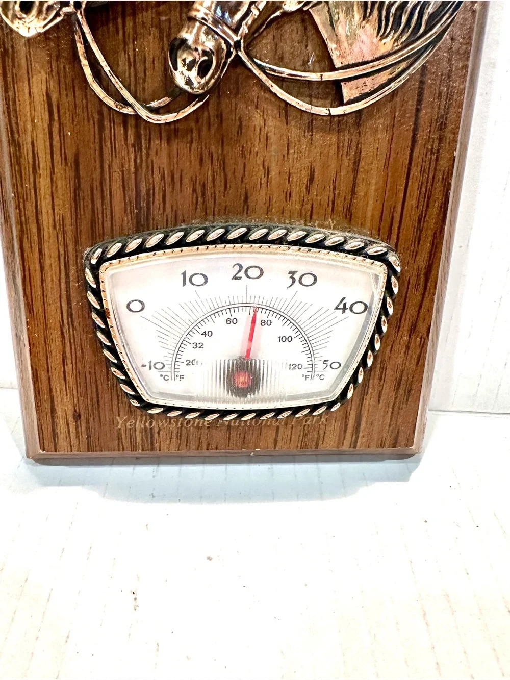 Vintage Brass/metal Horse Head Wooden Wall Thermometer Plaque -  Brown 1x4.5x7